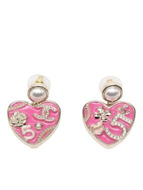 Chanel No5 CC Logo Pearl Heart Motif Icon Earrings Gold Pink Plated Line Stone